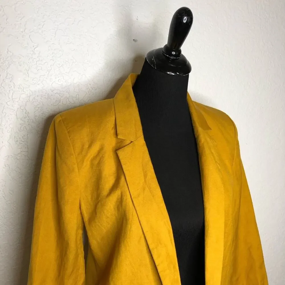 Ann Taylor Factory gold mustard linen blend open front blazer size 8